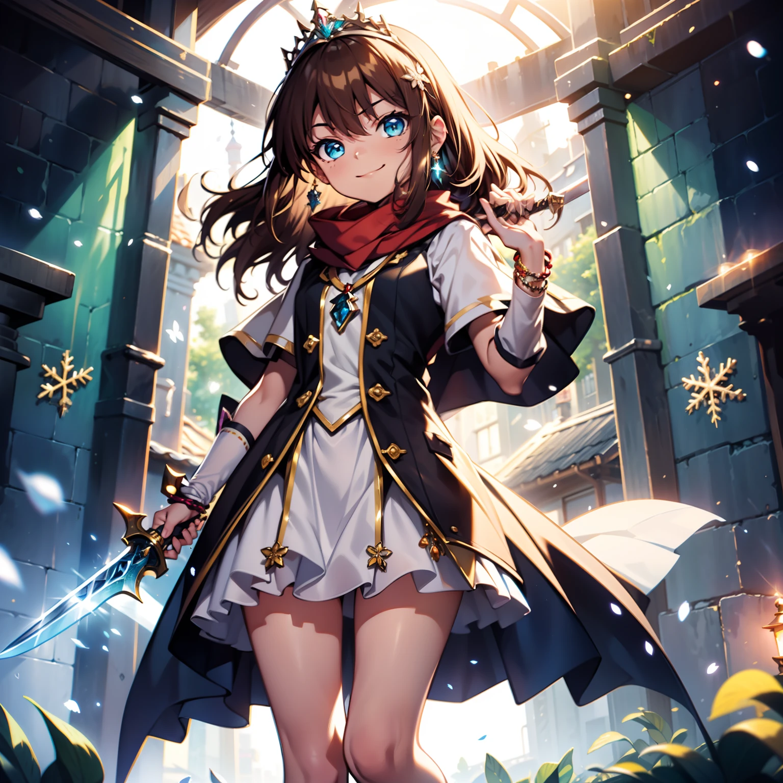 solo, pure happiness, Ultra-detailed, (Realistic, Photorealistic:1.0), vibrant colors, (winter background), heaven, falling snowflakes, cute lonely selfish 1girl princess, (holding a magical sword), wicked smirk, mean, walking, flat chest, skinny, very thin legs, anorexic, ((young)), black school girl outfit with fishnets, silk arm warmers, short skirt, high heeled boots, red scarf, brown hair, luxurious jewelries, necklaces, pendants, bracelets, earrings, tiara, (glowing shiny magical blue eyes), looking down at viewer, ((from below)), hair ribbon, hair flower, depth of field, cinematic lighting, bokeh, masterpiece, anatomically correct, (close-up)