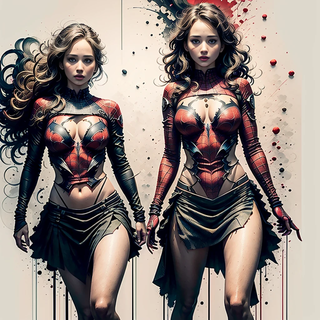 Jennifer Lawrence、Sticking out the navel、newyork、She wears a torn Spider-Man suit,wearing skirt、 Red and black color scheme,Dynamic、​masterpiece、top-quality、ultra-detailliert、ighly detailed、beautiful detailed brilliance、超A high resolution