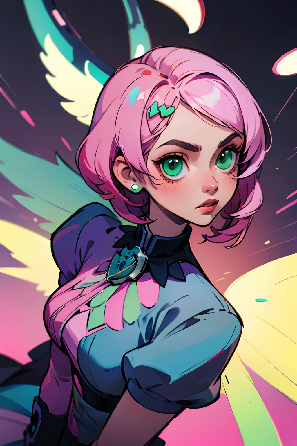 Alisa bosconovitch androide de origem russa, iris dos olhos cintilantes verdes, melhor qualidade, contemporary, estilo plano, minimalismo, Green Eyes Flat Illustration, cabelo rosa, cabelo curto, cabelos multicoloridos, Camisa Preta, mechanical wings, Head Portrait Close-U, peito pontudo, decote, super decote, middlebreasts, Tekken, cabelo rosa pastel, 1girl, em quimono, hand-painted, Desenho de linha sem cor, colorida do yandere pastel, Tekken, Super cute pink hair girl with gothic makeup on the side, figura esbelta, robusto, He sat on the floor, cabelos muito curtos, com orelhas de gato, quadratic element, kawaii cor-de-rosa na roupa da era de 1910, Alisa Bosconovich pink lips, no estilo da paleta de cores suave aurorapunk, an anime illustration of his face, gifs animados, hand drawn animation, charming sketches, suave e brilhante, romantismo nebuloso, Estilo Superflat, perspective, close-up, rotated, from side, from above, cut-in, atmospheric perspective