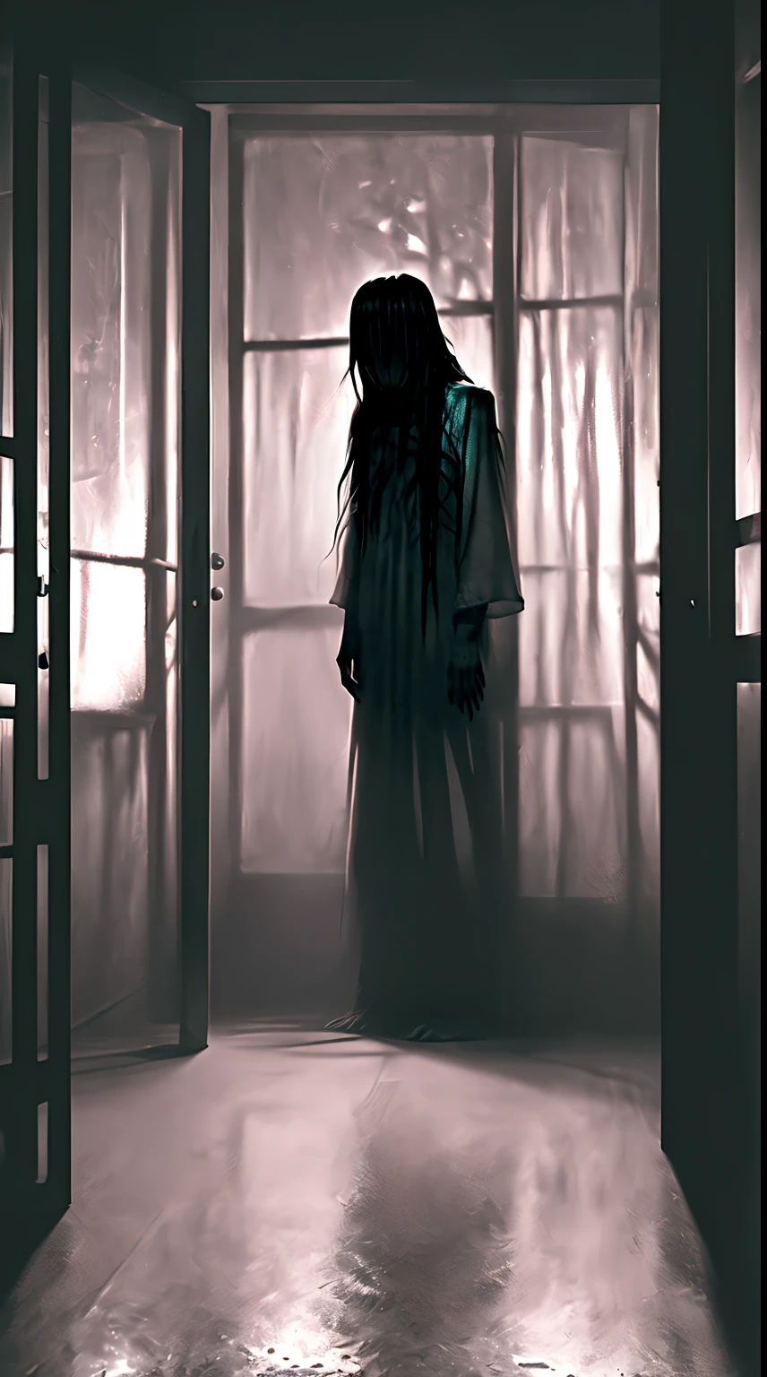 Realistic image of Japanese horror movie flavor., ((Obra maestra)), (mejor calidad), (cualidad absurda), high resolution, 32K, (fotorrealista:1.4), pelo negro, Foto hiperrealista de Yamamura._sadako, (((rasgado, Vestido blanco sexy))), ((piel gris)), pelo largo sobre los ojos, ojos cubiertos cara, cara completamente oculta por el pelo largo, mujer espeluznante, casa abandonada desordenada, dark atmosphere, escotes ultra enormes, tiro de cuerpo completo, Full room view, (gatear sobre las manos y las rodillas en el suelo), cuerpo delgado, agregar gorro de enfermera