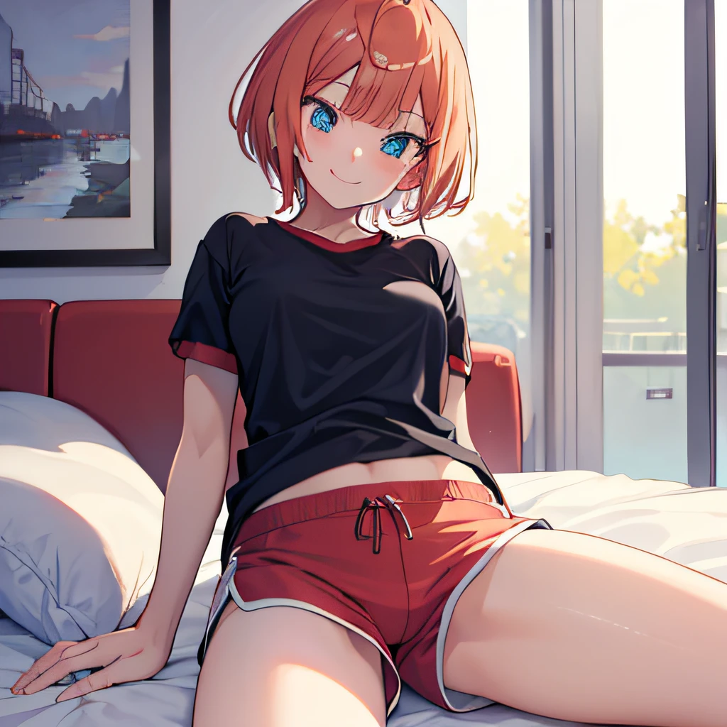 ((masterpiece)), ((best quality)), (ultra-detailed), anime style, on the bed, a cute girl, 1girl, solo, gym shorts00, ((beautiful eyes))0, smile