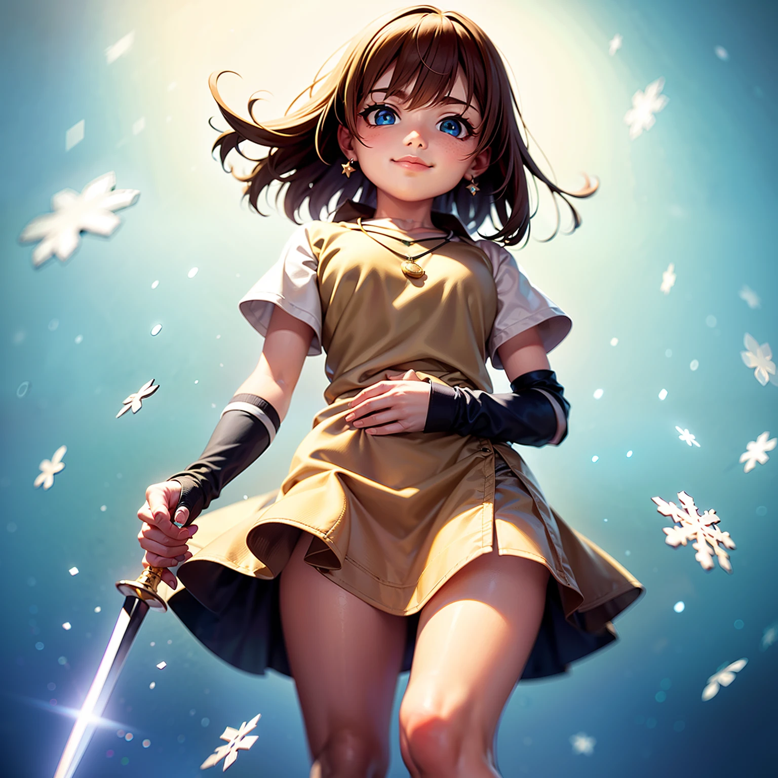 solo, pure happiness, Ultra-detailed, (Realistic, Photorealistic:1.0), vibrant colors, (winter background), heaven, falling snowflakes, cute lonely selfish 1girl princess, (holding a magical sword), wicked smirk, mean, walking, flat chest, skinny, very thin legs, anorexic, ((young)), black school girl outfit with fishnets, silk arm warmers, short skirt, high heeled boots, red scarf, brown hair, luxurious jewelries, necklaces, pendants, bracelets, earrings, tiara, (glowing shiny magical blue eyes), looking down at viewer, ((from below)), hair ribbon, hair flower, depth of field, cinematic lighting, bokeh, masterpiece, anatomically correct, (close-up)