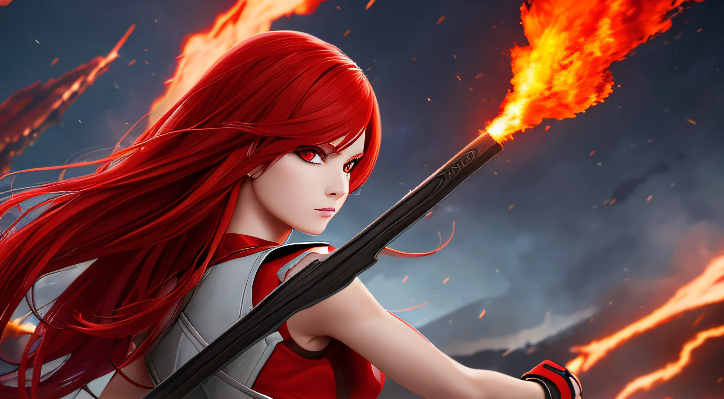 a femal with red hair and a red eyes holding a burning stick in her hand. The color of the clothes is gray with red details. a eruptiv vulcan with thunders in the background.