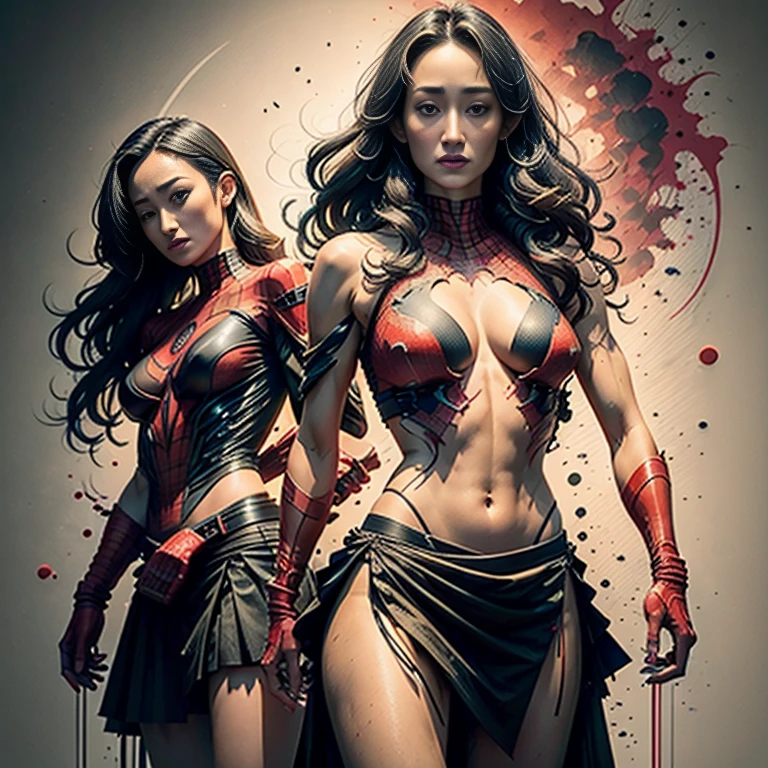 Maggie Q、Sticking out the navel、newyork、She wears a torn Spider-Man suit,wearing skirt、 Red and black color scheme,Dynamic、​masterpiece、top-quality、ultra-detailliert、ighly detailed、beautiful detailed brilliance、超A high resolution