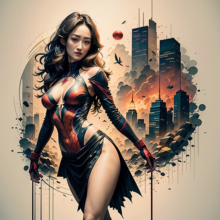 Maggie Q、Sticking out the navel、newyork、She wears a torn Spider-Man suit,wearing skirt、 Red and black color scheme,Dynamic、masterpiece、top-quality、ultra-detailliert、ighly detailed、beautiful detailed brilliance、超A high resolution