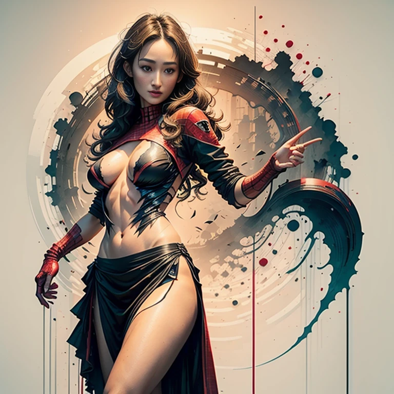 Maggie Q、Sticking out the navel、newyork、She wears a torn Spider-Man suit,wearing skirt、 Red and black color scheme,Dynamic、​masterpiece、top-quality、ultra-detailliert、ighly detailed、beautiful detailed brilliance、超A high resolution