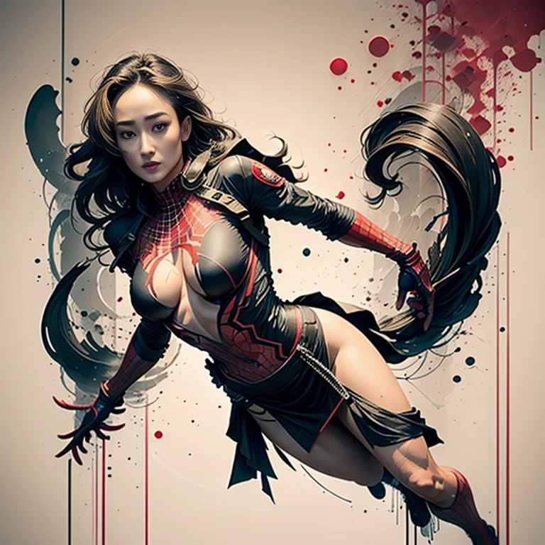 Olivia Wilde、Sticking out the navel、newyork、She wears a torn Spider-Man suit,wearing skirt、 Red and black color scheme,Dynamic、masterpiece、top-quality、ultra-detailliert、ighly detailed、beautiful detailed brilliance、超A high resolution