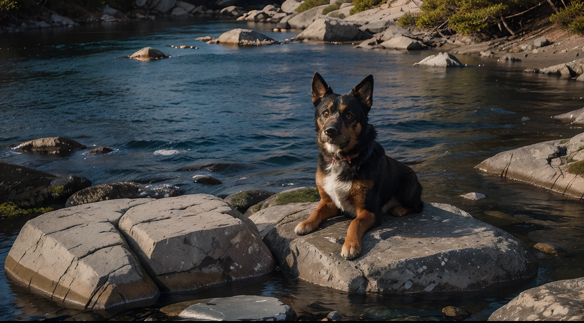 "Generate an image of a dog sitting on the rocks in the midst of a rugged wilderness. The dog should exude a sense of tranquility and contentment as it gazes upon the surrounding natural beauty. Ensure the lighting and details capture the essence of this serene moment."
