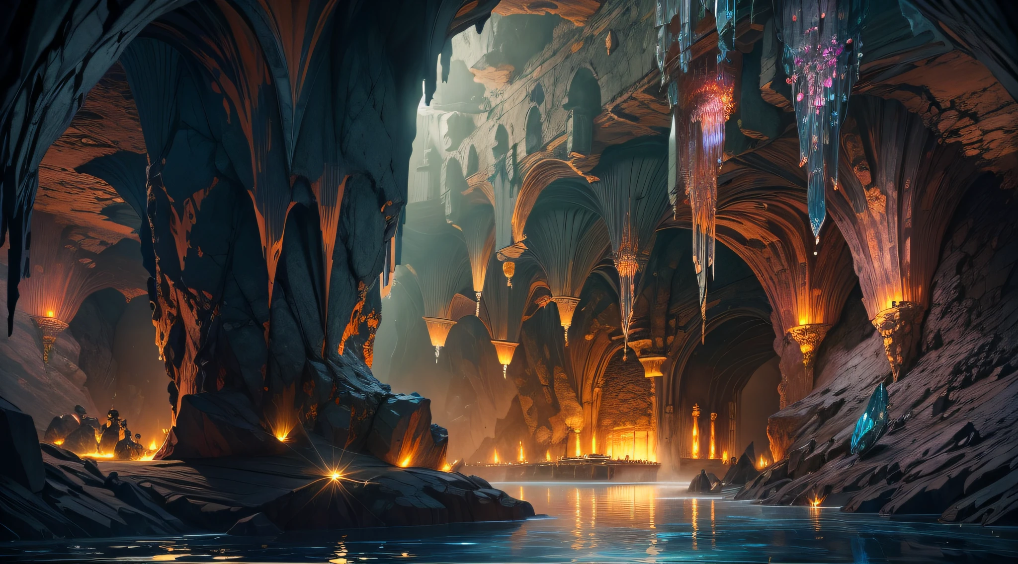 Incredible Cave, Sparkling walls and vaults, Columns and niches are carved into the walls, Everything shimmers, Crystals sticking out of the walls, In the depths, you can see an underground glowing lake, On the water, a sophisticated obsidian boat, an incredible atmosphere, Masterpiece, This is great, Grandly, overdetalization, Rock Texture, Crystal Texture