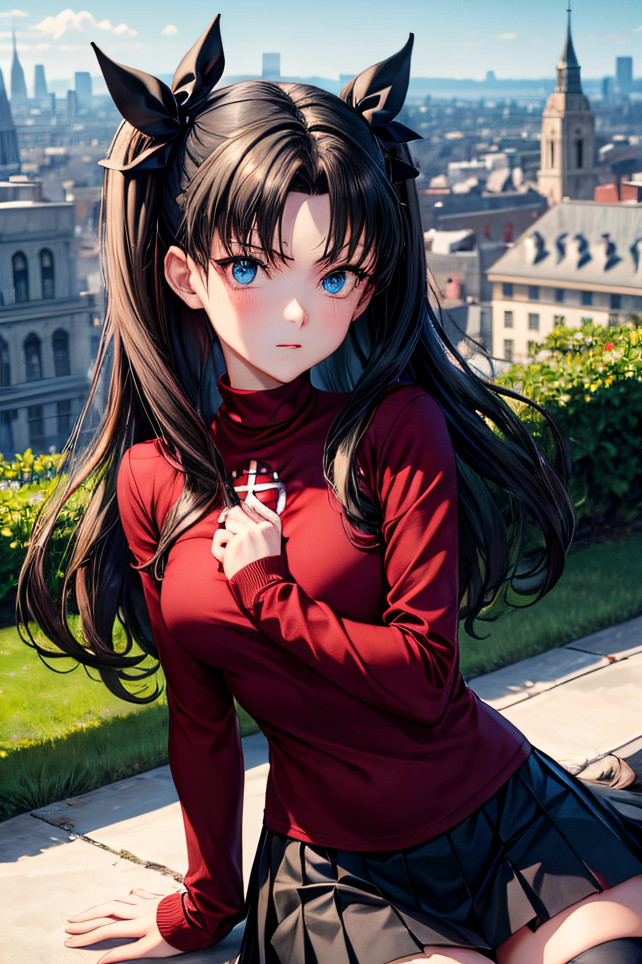 (masterpiece), best quality, expressive eyes, perfect face, 1girl, solo, rintohsaka, rin tohsaka, aqua eyes, black hair, hair ribbon, long hair, ribbon, sidelocks, two side up, black skirt, black thighhighs, long sleeves, miniskirt, pleated skirt, ((red sweater)), skirt, sweater, thighhighs, turtleneck, city background, sitting, character sheet, upper body, portrait, looking at viewer