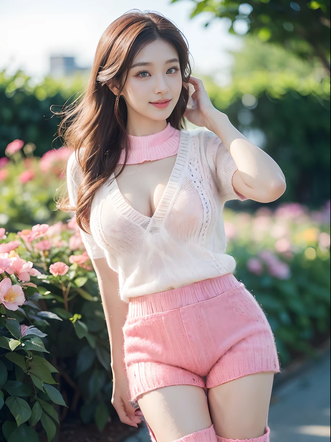 ((((top-quality))))、(((Ultra Precision CG16K Wallpapers)))、(((masterpiece)))、(((ultra-detailliert)))、(((Ultra-extreme details)))、One woman、a matural female、a 25yo woman、((Japanese face))、((extremely beautiful face))、((sasaki nozomi:1.8))、((Semi-long cut、curly hair:1.2))、(shinny hair)、Bangs up to the eyebrows、Beautiful brown hair、Beautiful delicate eyes、Brown eyes、lofty nose、small nostrils、seductive lips、slightly open mouth、Beautiful breasts、C-cup size breasts、cleavage of the breast、Plump body、perfectly proportions、perfect anatomia、Beautiful and detailed shading、Beautiful natural lighting、Beautiful detail glow、depth of fields、(((a high chroma)))、((realisitic:1.9))、((Vivid:1.4))、((Beautiful skin))、((Skin texture))、((Realistic skin feeling))、perfect-composition、((cowboy shot))、((Angle of view from the front))、((a smile:1.2))、(Eyes looking at me)、Bright sunshine、((flower gardens:1.2))、(Blur the background)、((Pink Summer Knit Tight Shirt、shortpants:1.5))、(a choker)、