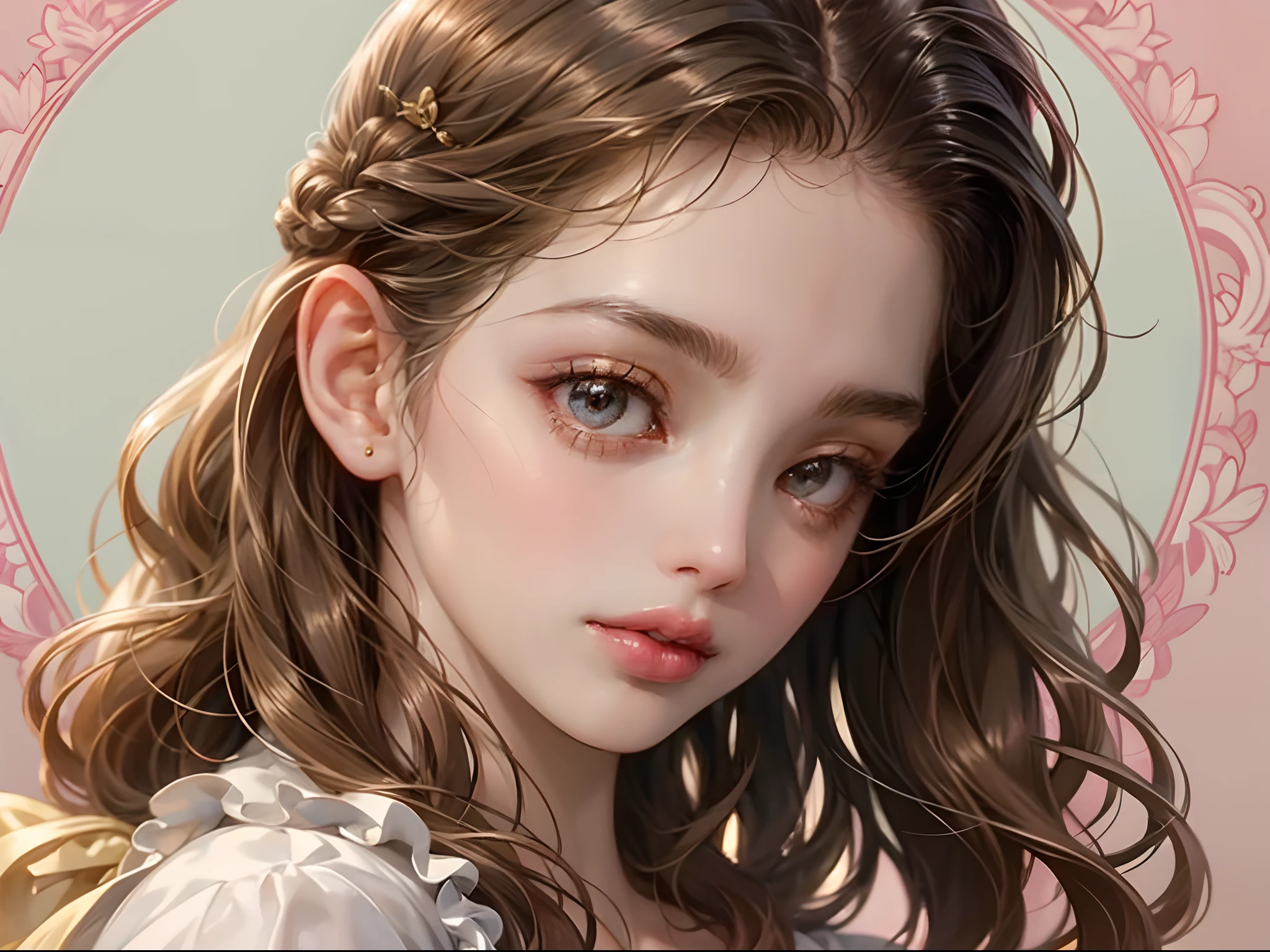 1 year old infant，closeup of face，Chubby little face，Big round eyes，Curly hair，Long hair，Q version avatar，Moe，Cute style，Delicate and exquisite，Head portrait，Close-up of the head，Lotus pink background，the soft light
