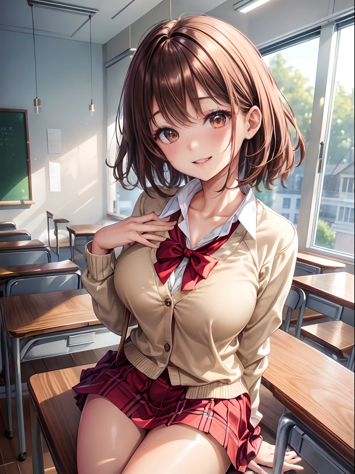 top-quality、Full limbs、complete fingers、Slender beauty、straight haired、brown haired、Beautiful Large Breasts、(Detailed ultra-oily shiny skin:1.1)、oily shiny thighhigh、Shirt with white collar、(Beige cardigan)、Red bow tie、Red plaid miniskirt、Beautiful sister、‎Classroom、Physical education sitting、White panties、A big smile