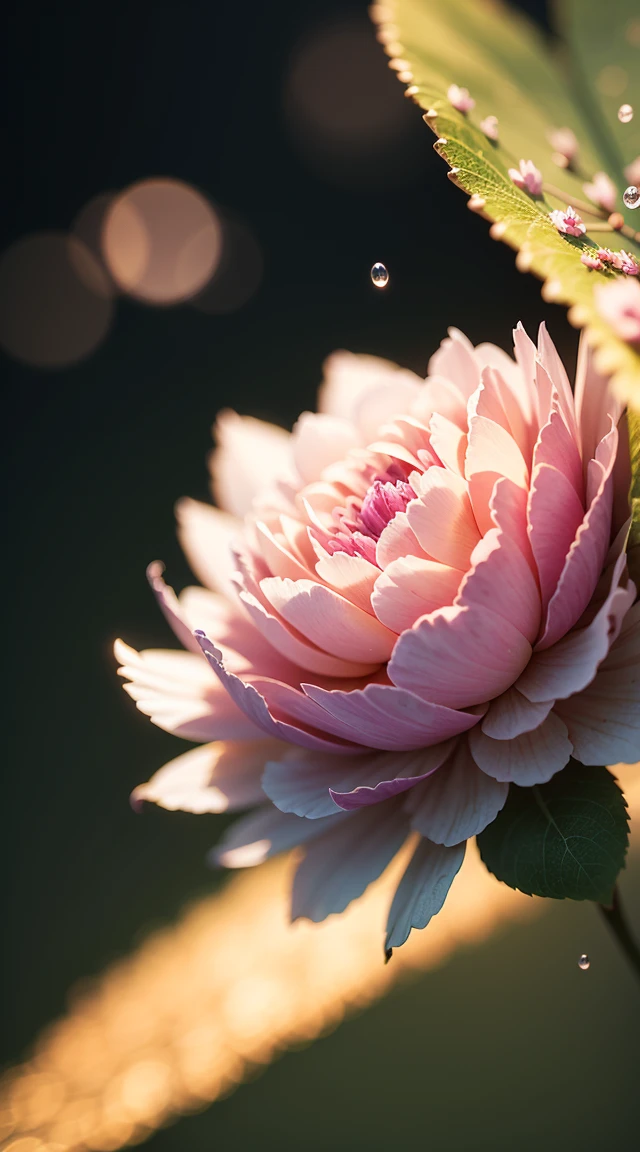 Divinely beautiful  microscopic world , Masterpiece , Macro photography , cobweb close up, film grain, chromatic aberration, neon bokeh , smoke , highly detailed, Bright sunny weather, microflowers, drops, blur, Peonies