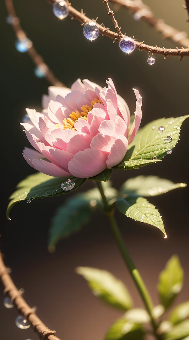 Divinely beautiful  microscopic world , Masterpiece , Macro photography , cobweb close up, film grain, chromatic aberration, neon bokeh , smoke , highly detailed, Bright sunny weather, microflowers, drops, blur, Peonies