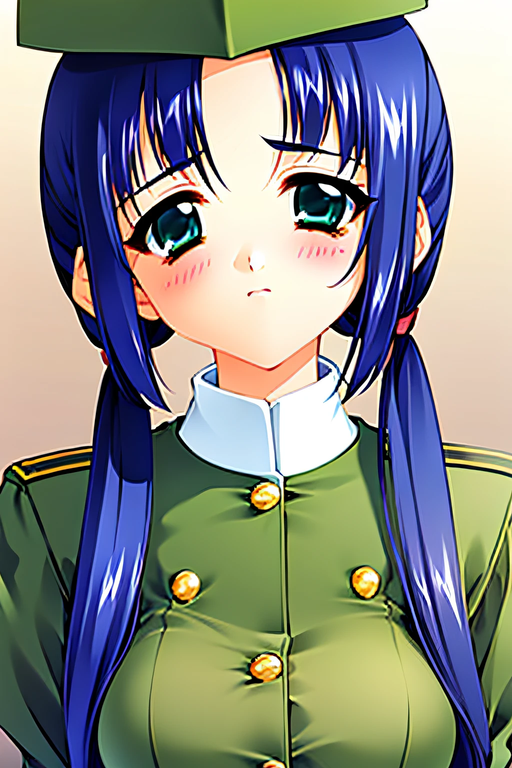 (1 girl, military uniform), {military hat}, (8k CG), {{blue hair, green eyes, twintails, forehead}}, blush, {bust shot}