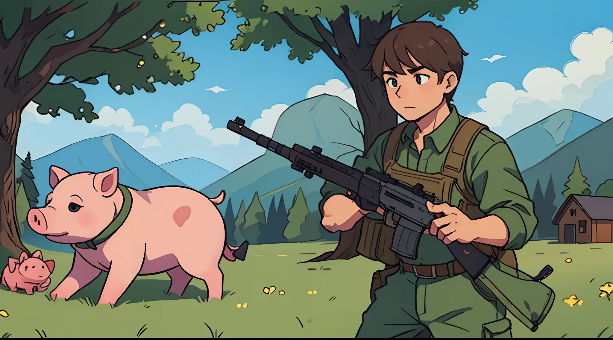 Man hunting a pig with a rifle. Pig attacking man