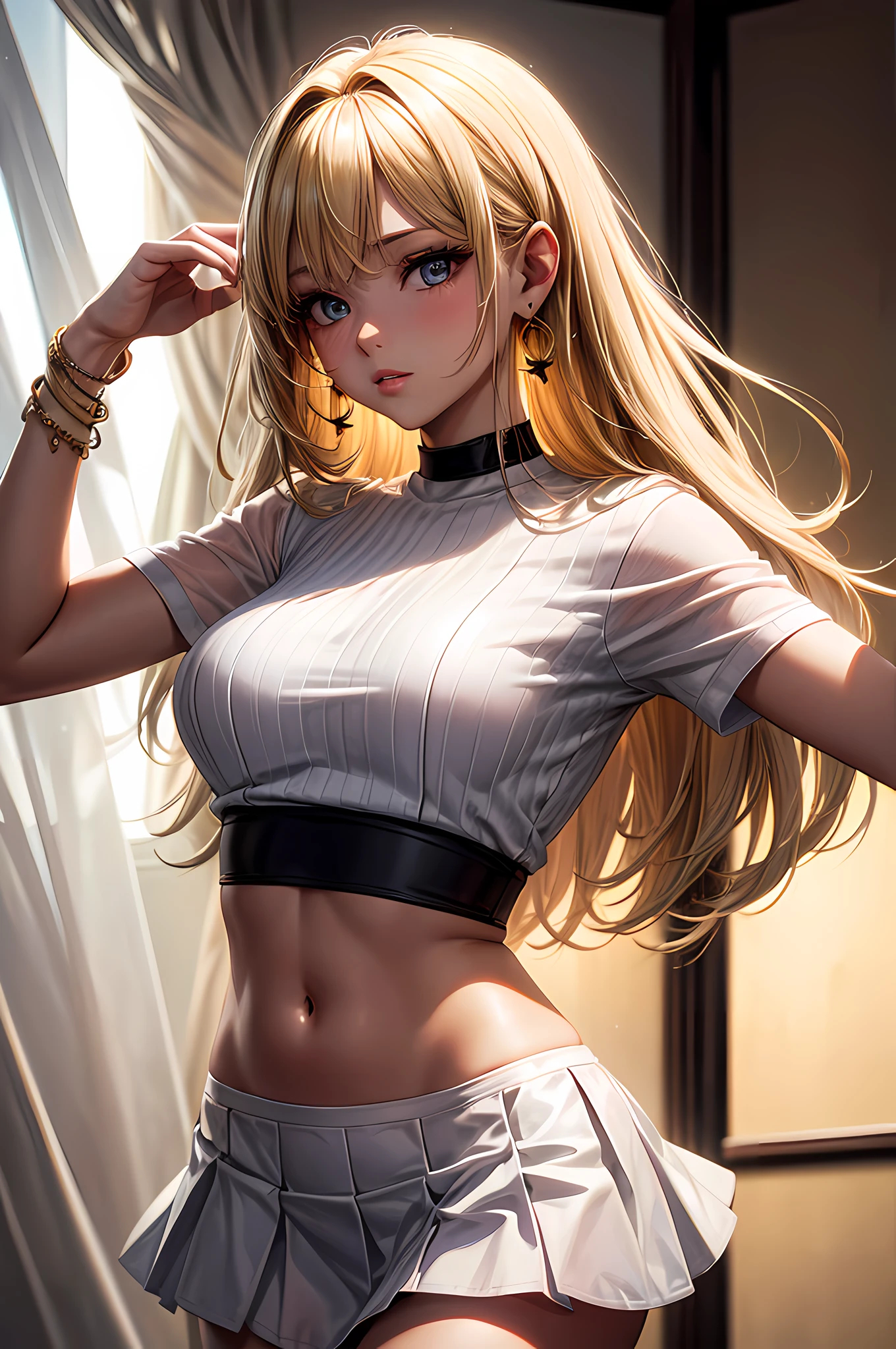 high detailed, sharp focus, (8k,UHD), high resolution, photo-realistic:1.2, masterpiece:1.2, fine art, 1 girl, blonde hair, blonde hair, medium hair, blonde hair, curtain hair, in (white cotton fitted short sleeve crop top),(black Viscose slim fitted low rise mini skirt), sexy look, creamy skin, earrings, bracelets, light makeup, cinematic lighting, ray tracing, god ray, Hasselbald