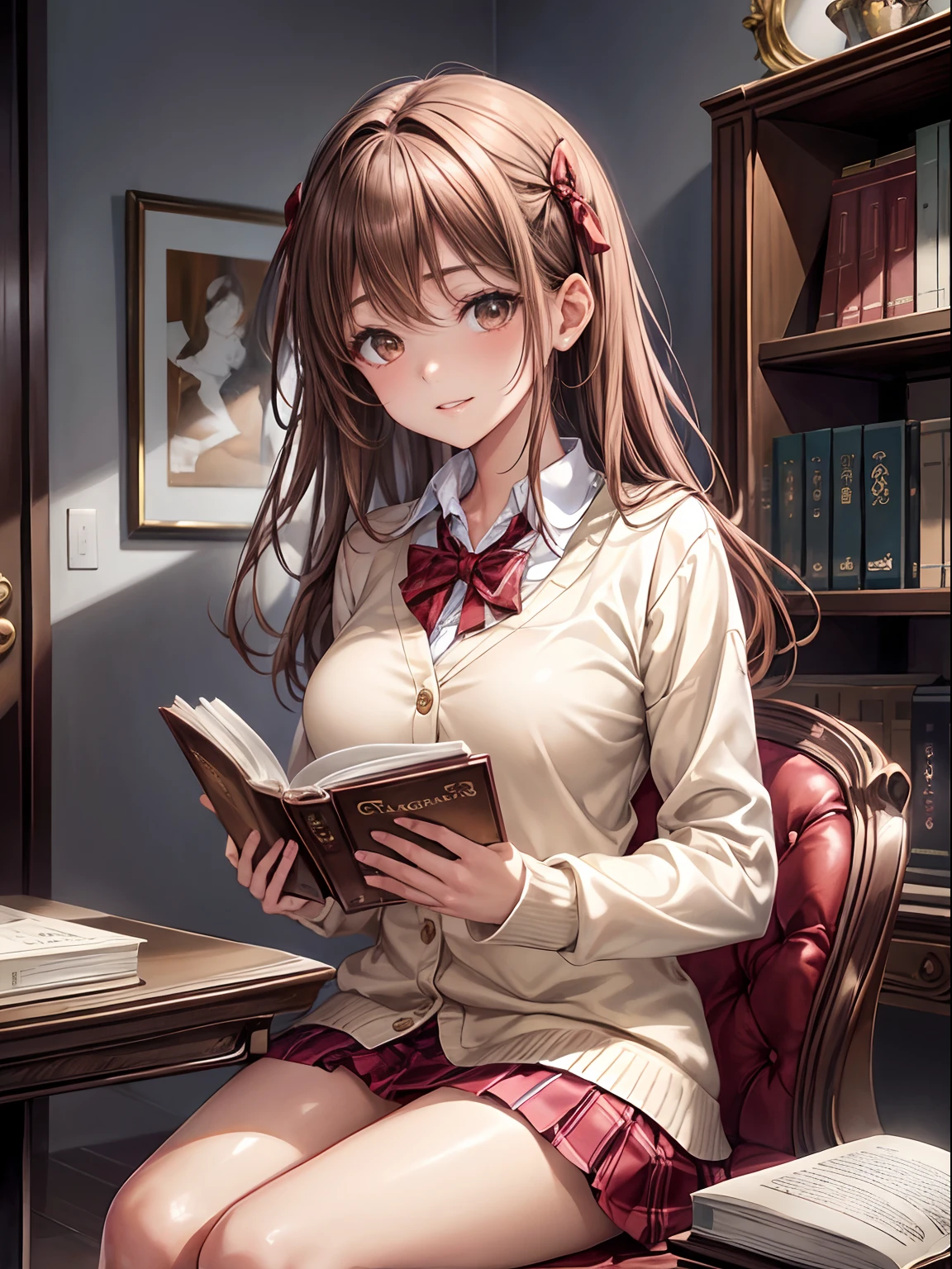 top-quality、Full limbs、complete fingers、Slender beauty、straight haired、brown haired、Beautiful Large Breasts、(Detailed ultra-oily shiny skin:1.1)、oily shiny thighhigh、Shirt with white collar、(Beige cardigan)、Red bow tie、Red plaid miniskirt、Beautiful sister、atlibrary、Sitting and reading a book