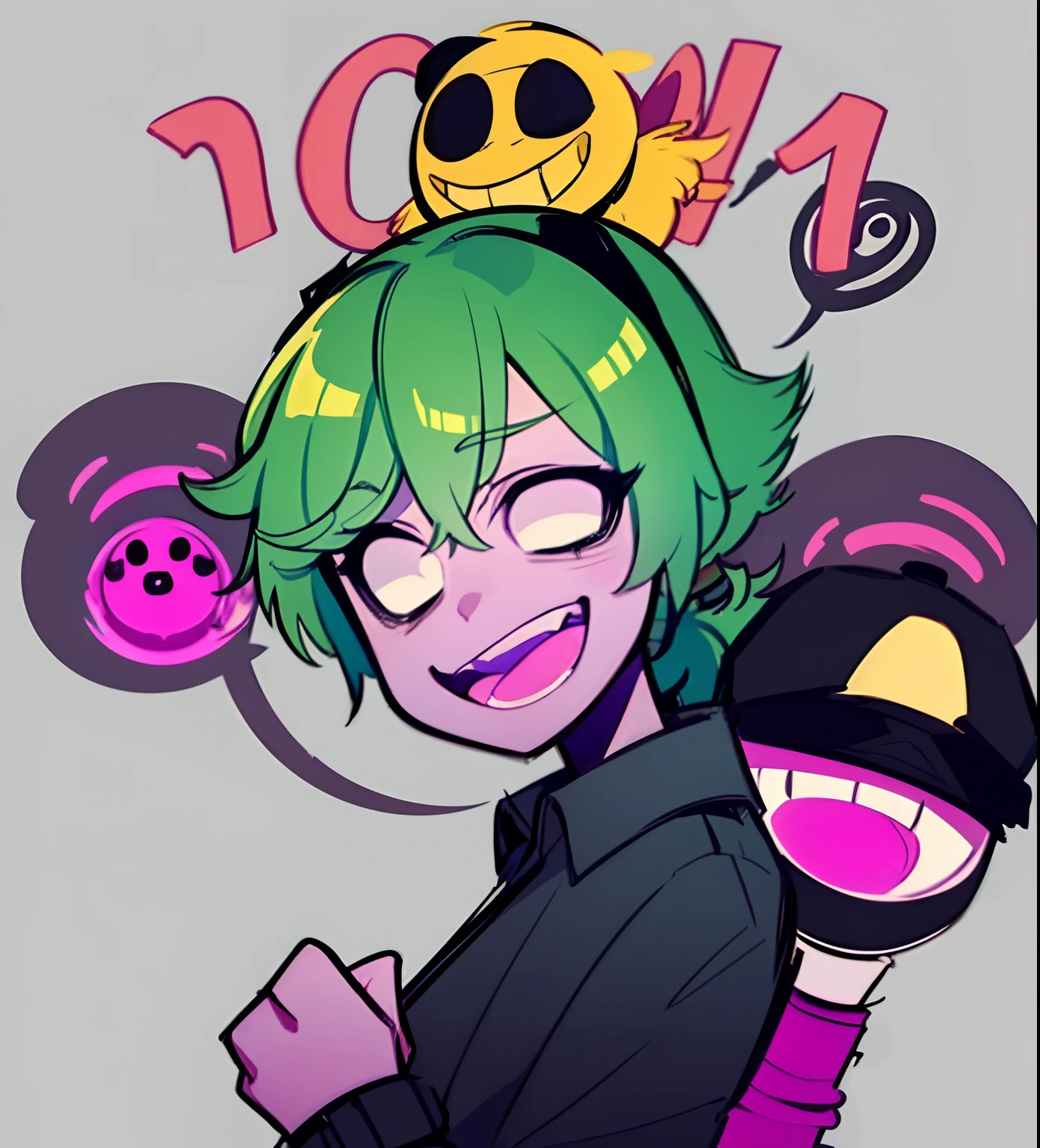 anime female short green hair and pink eyes wearing a five nights at freddys costume no background