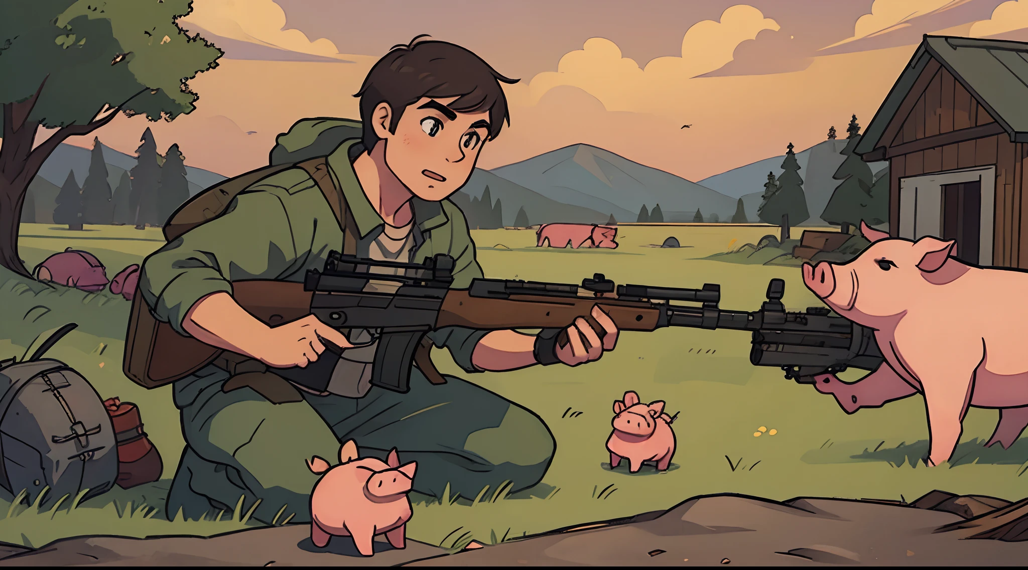 Man hunting a pig with a rifle. Pig attacking man