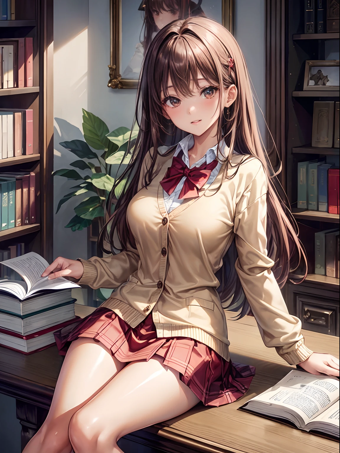 top-quality、Full limbs、complete fingers、Slender beauty、straight haired、brown haired、Beautiful Large Breasts、(Detailed ultra-oily shiny skin:1.1)、oily shiny thighhigh、Shirt with white collar、(Beige cardigan)、Red bow tie、Red plaid miniskirt、Beautiful sister、atlibrary、Sitting and reading a book