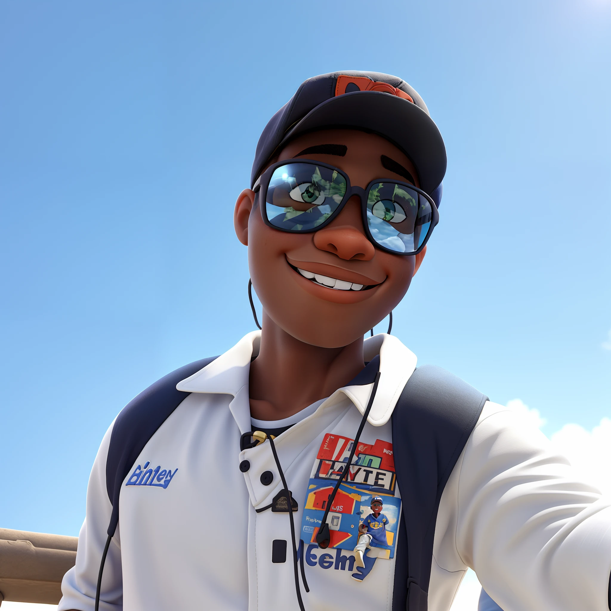 black boy with cap smiling with sunglasses, with blue sky background