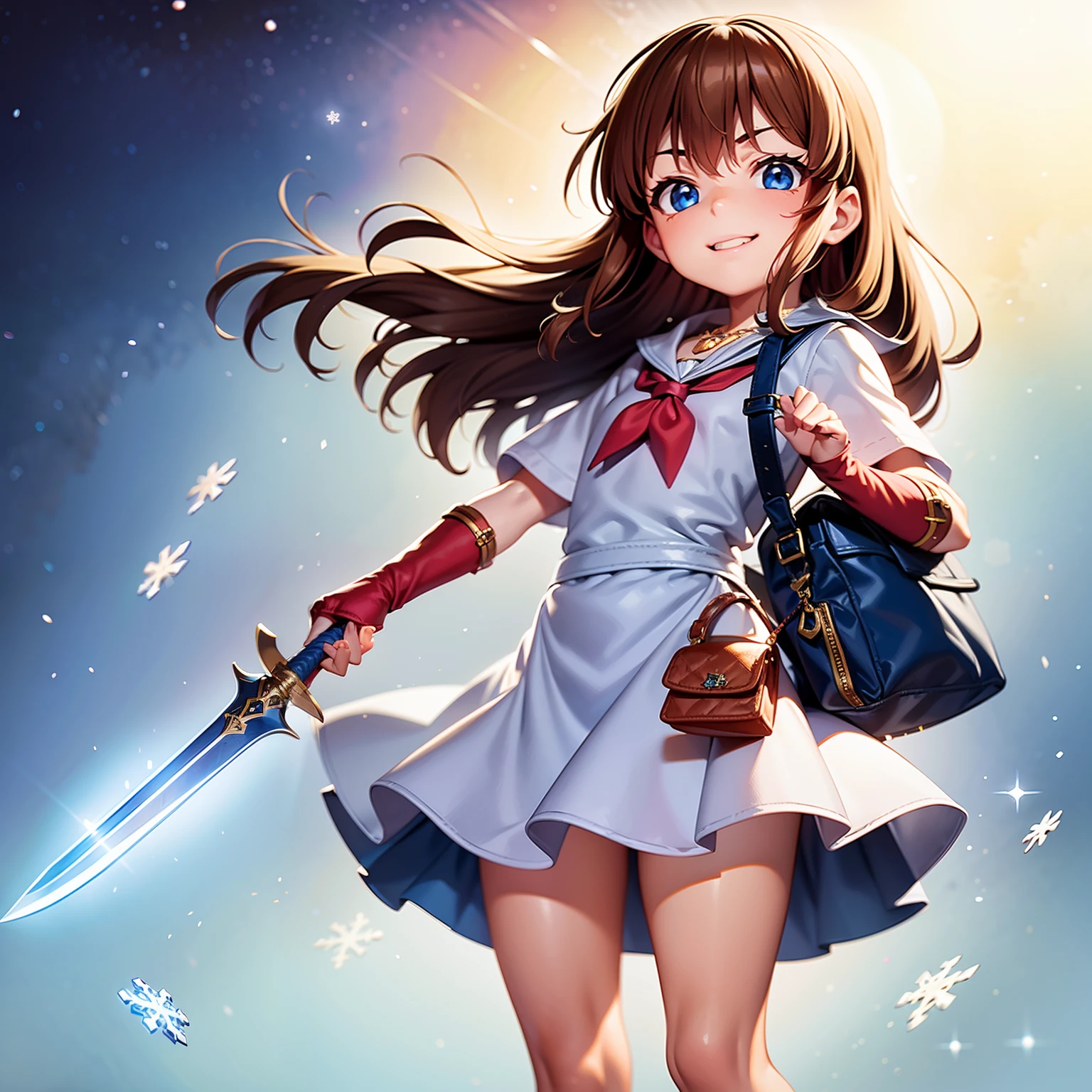 solo, pure happiness, Ultra-detailed, (Realistic, Photorealistic:1.0), vibrant colors, (winter background), heaven, falling snowflakes, cute lonely selfish 1girl princess, (holding a magical sword), wicked smirk, mean, standing, walking, flat chest, skinny, very thin legs, anorexic, ((young)), school girl uniform with fishnets, handbag, school bag, purse, silk arm warmers, short skirt, high heeled boots, red scarf, brown hair, luxurious jewelries, necklaces, pendants, bracelets, earrings, tiara, (glowing shiny magical blue eyes), looking down at viewer, (from below), hair ribbon, hair flower, depth of field, cinematic lighting, bokeh, masterpiece, anatomically correct, (close-up)