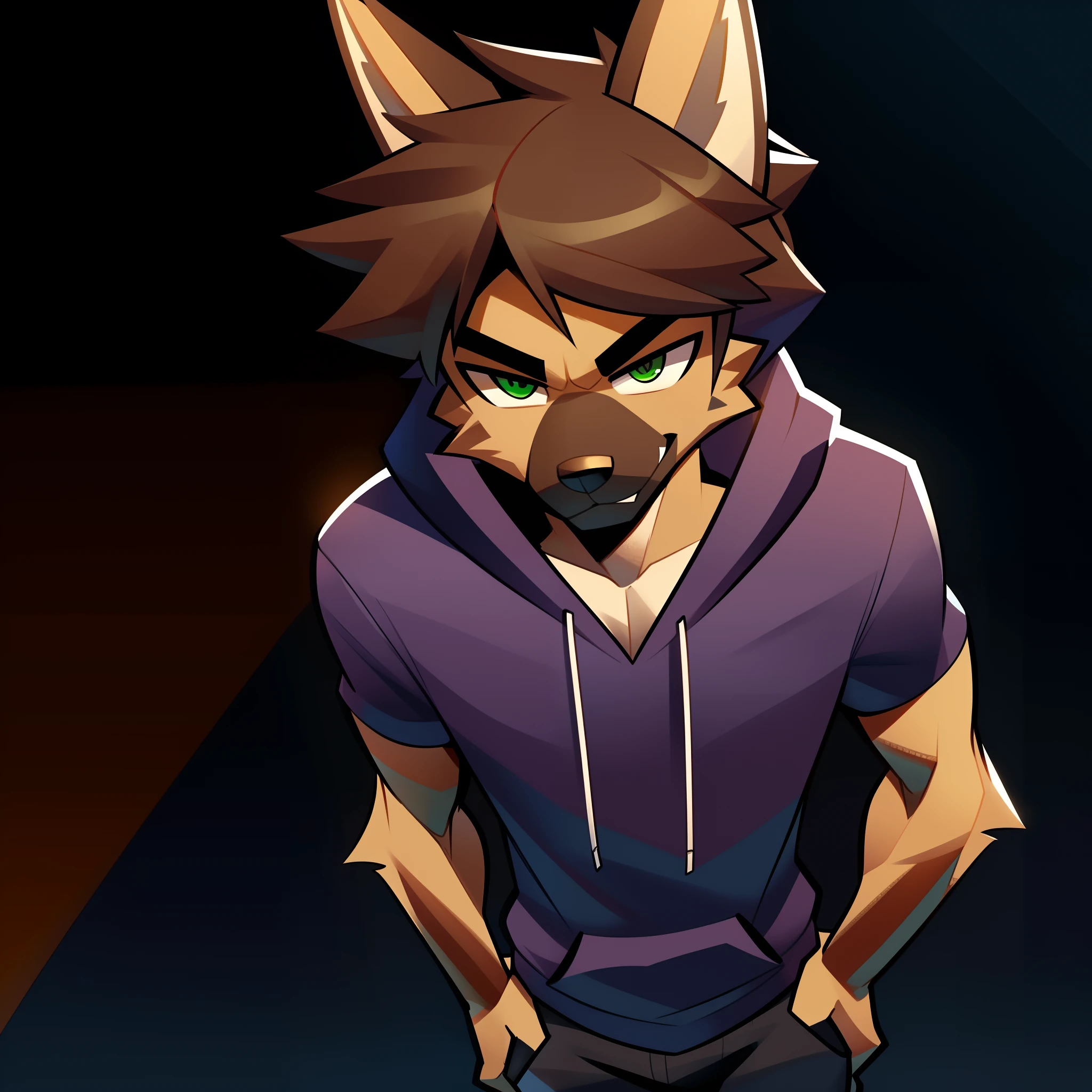 Light brown german shepherd, german shepherd, dog canine, solo, male, standing, green eyes, dark brown hair, smirking, lean, athletic, looking at viewer, purple hoodie, black pants, by spikedmauler