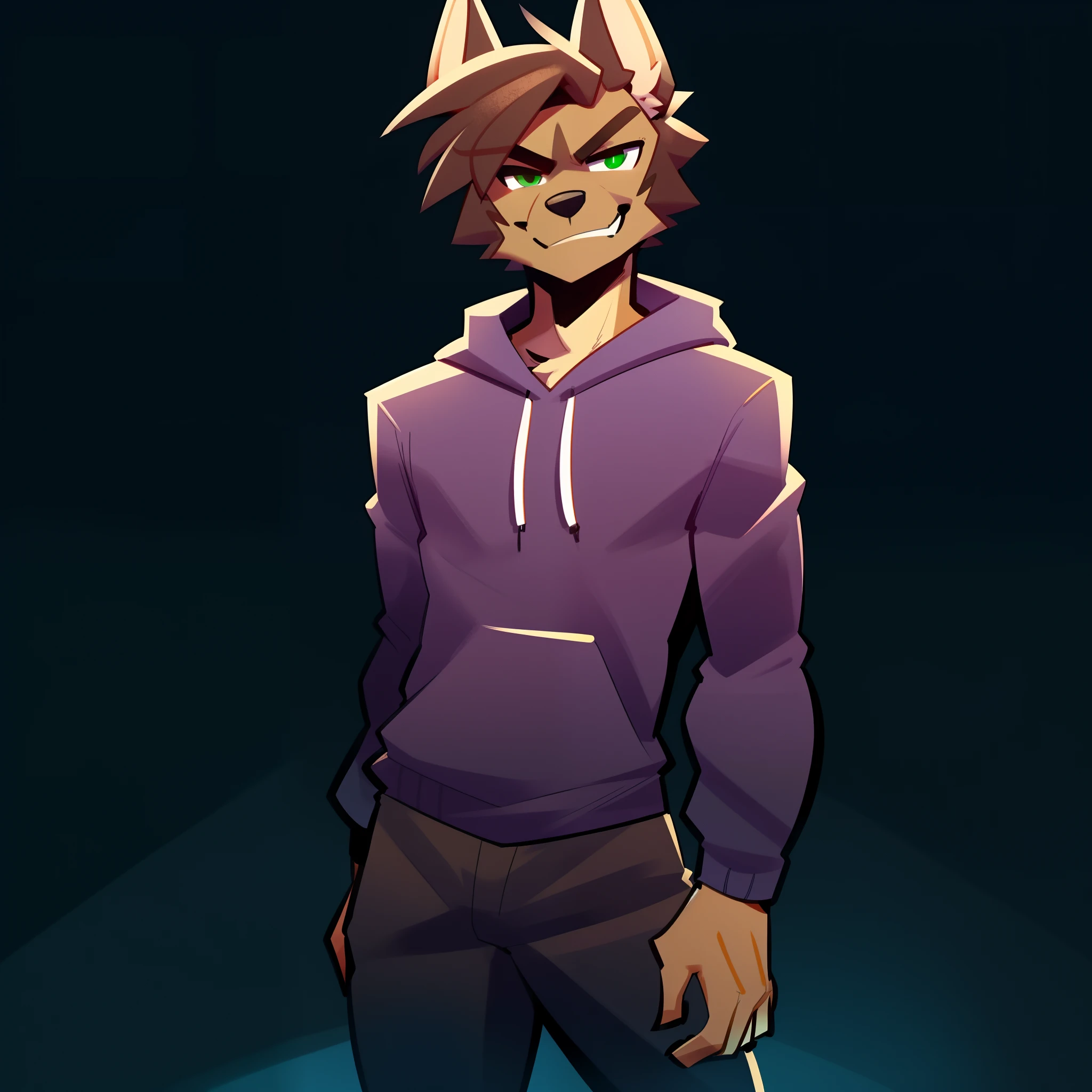Light brown german shepherd, german shepherd, dog canine, solo, male, standing, green eyes, dark brown hair, smirking, lean, athletic, looking at viewer, purple hoodie, black pants, by spikedmauler