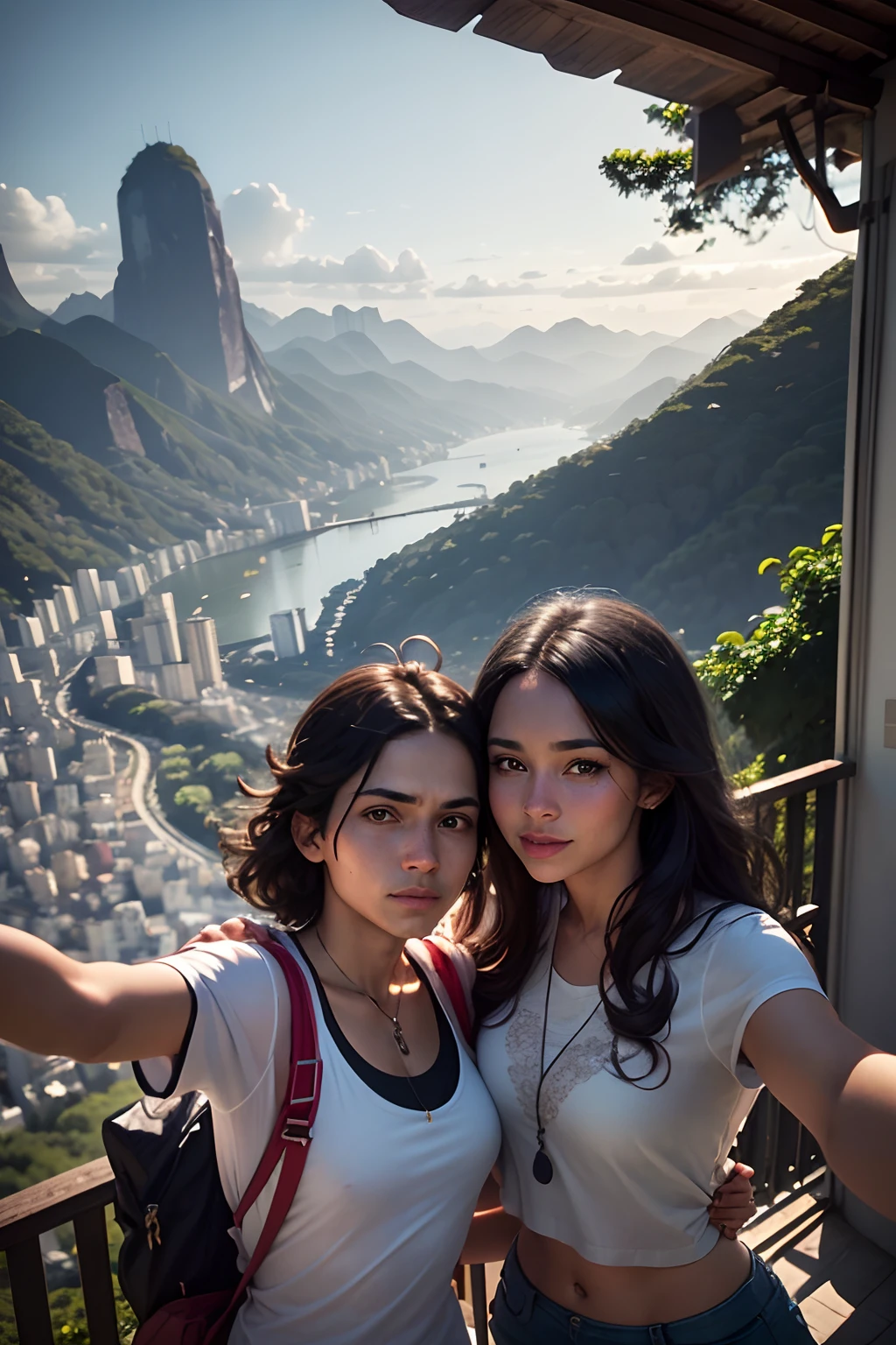 there is a man and woman taking a selfie together, rio de janeiro, with mountains in the background, with mountains in background, david rios ferreira, by Felipe Seade, by Nándor Katona, andrea rocha, malika favre, by Sam Dillemans, caroline gariba, with mountains as background, by Paulus Decker