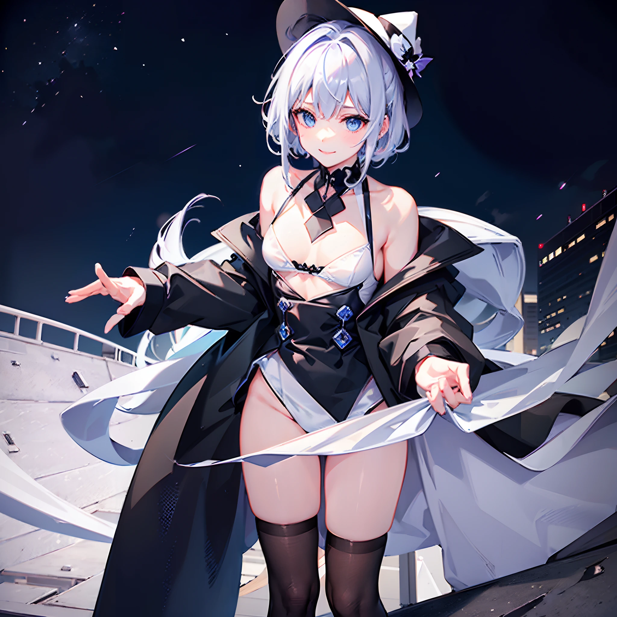I am on the roof of a building where I can see the night view of Tokyo at midnight、White medium shorthair with blue-purple mesh、Looking at me with a smile、Black sneakers with white shoelaces、Large black witch hat with sapphire accessories、Blue eyes with highlights、Crisp and slightly pinched eyes、27-year-old woman with small breasts、small tits、Small、discreet breasts、Looking at me with a smile、Black long coat、Black Midi Skirt、White inner camisole、white t-shirt、hiquality、High Details、The background is a night view and a starry sky