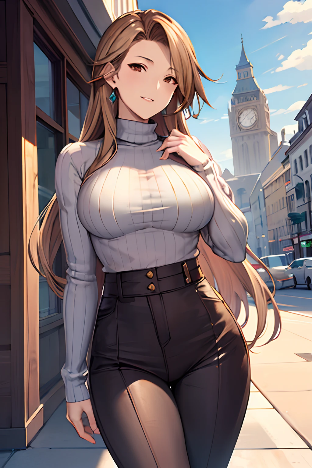 masterpiece, best quality, highres, katalina (granblue fantasy), cowboy shot, outdoors,sweater, ribbed sweater, long sleeves, high-waist pants, city