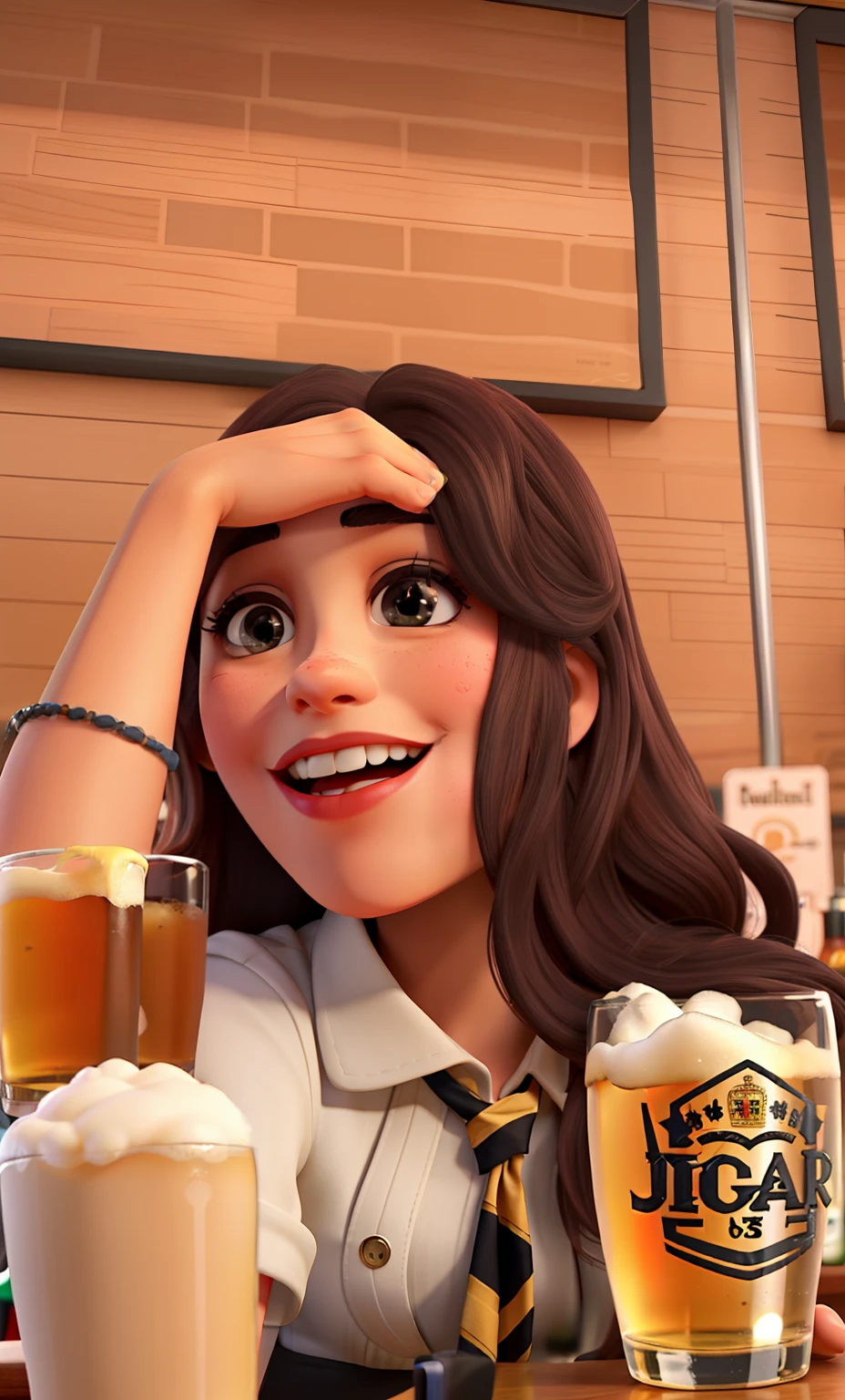mulher dando risada em um bar tomando uma cerveja