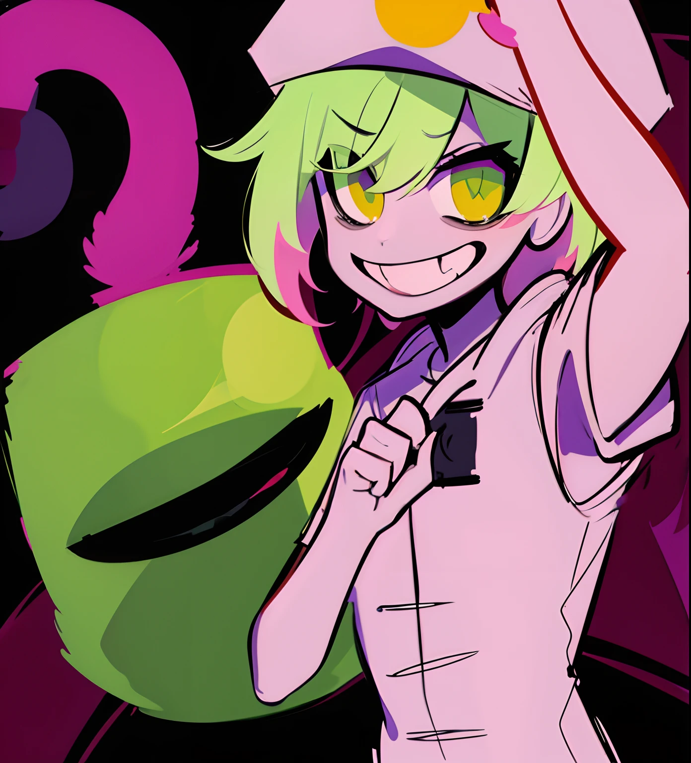 anime female short green hair and pink eyes wearing a five nights at freddys costume no background