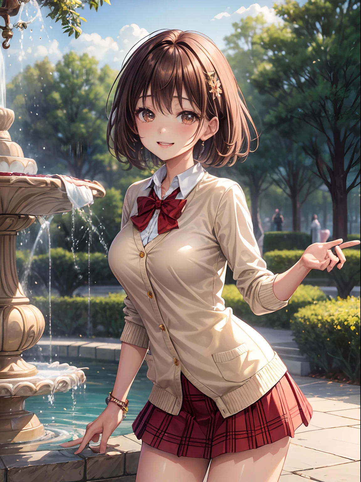 top-quality、Full limbs、complete fingers、Slender beauty、straight haired、brown haired、Beautiful Large Breasts、(Detailed ultra-oily shiny skin:1.1)、oily shiny thighhigh、Shirt with white collar、(Beige cardigan)、Red bow tie、Red plaid miniskirt、Beautiful sister、a park、The fountain、A big smile、Flower garden