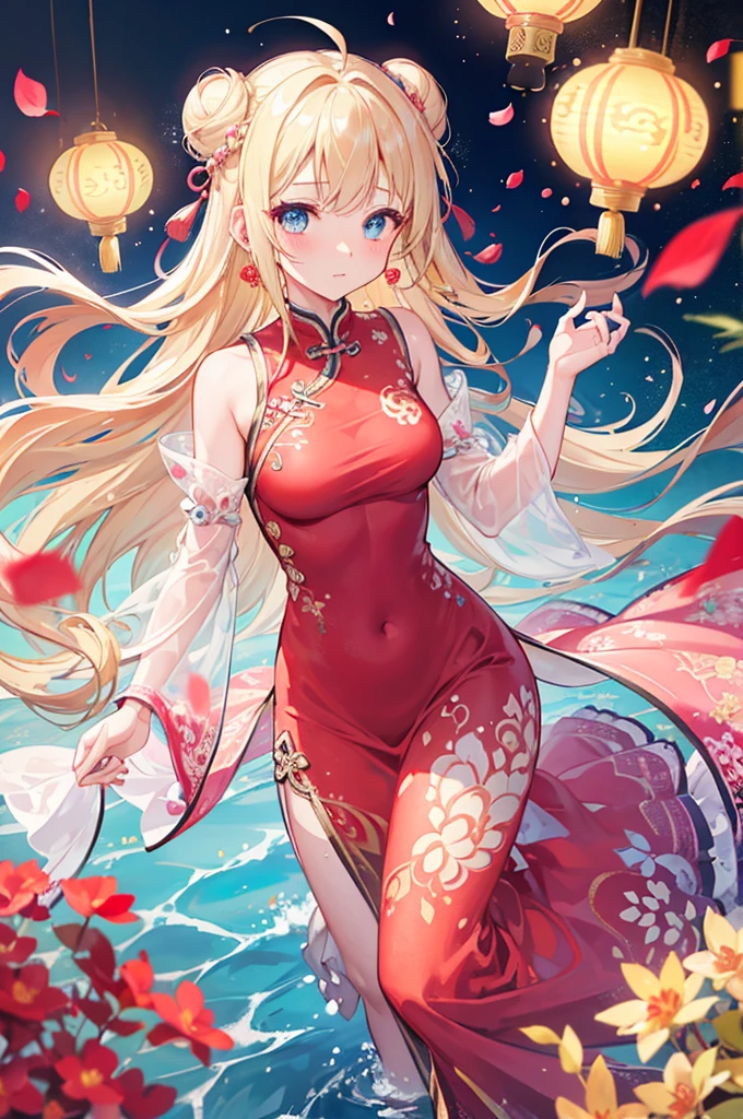 1 girl, wavy hair, long hair, blonde, blue eyes, earrings, blushed, brocade pattern, blurry background, see-through, underwater, water drop, dynamic lighting, light particle, sunlight, shadow, reflection, chinese lanterns, floating hair, petals, coral, mature face, almond eyes, bun, china dress, long skirt