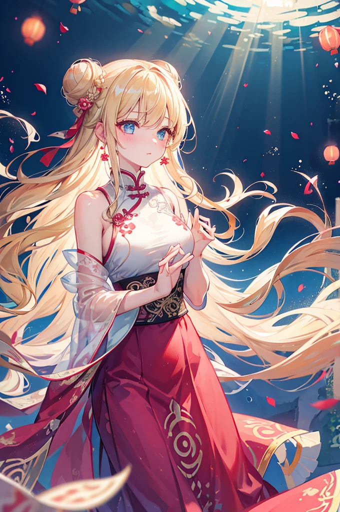 1 girl, wavy hair, long hair, blonde, blue eyes, earrings, blushed, brocade pattern, blurry background, see-through, underwater, water drop, dynamic lighting, light particle, sunlight, shadow, reflection, chinese lanterns, floating hair, petals, coral, mature face, almond eyes, bun, china dress, long skirt