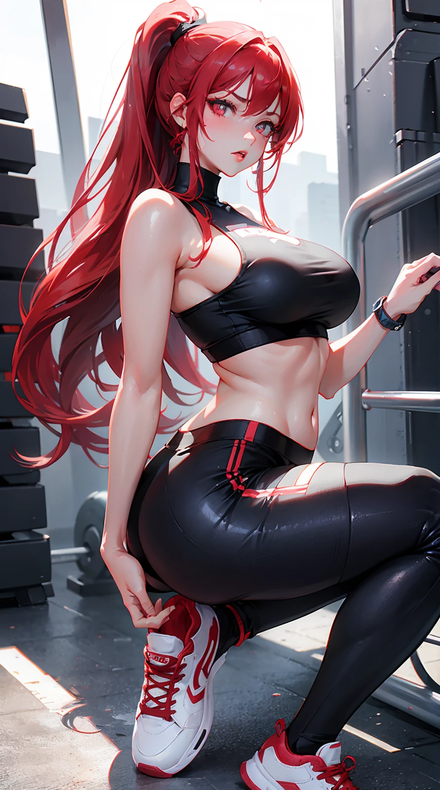 1 woman milf “"Giant breasts" + "large rear" + "wide hips" + "plump thighs" + "red eyes" + "(white star pupils)" + (("serious expression")) + "Long red Hair in a ponytail" + "Red Lips" + "Lucious Lips"”)}, {“Outfit”: short gym shorts, black tight crop top and sneakers})
