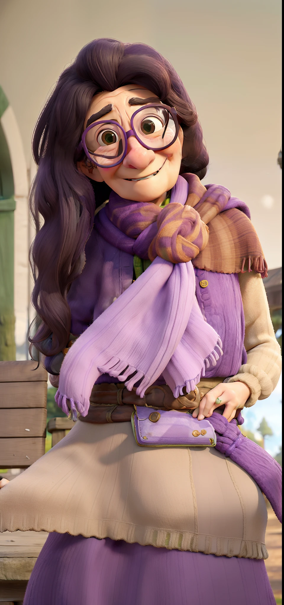 masterpiece, best quality, an old woman with glasses and a scarf on, wearing a purple coat and green scarf, standing at the park