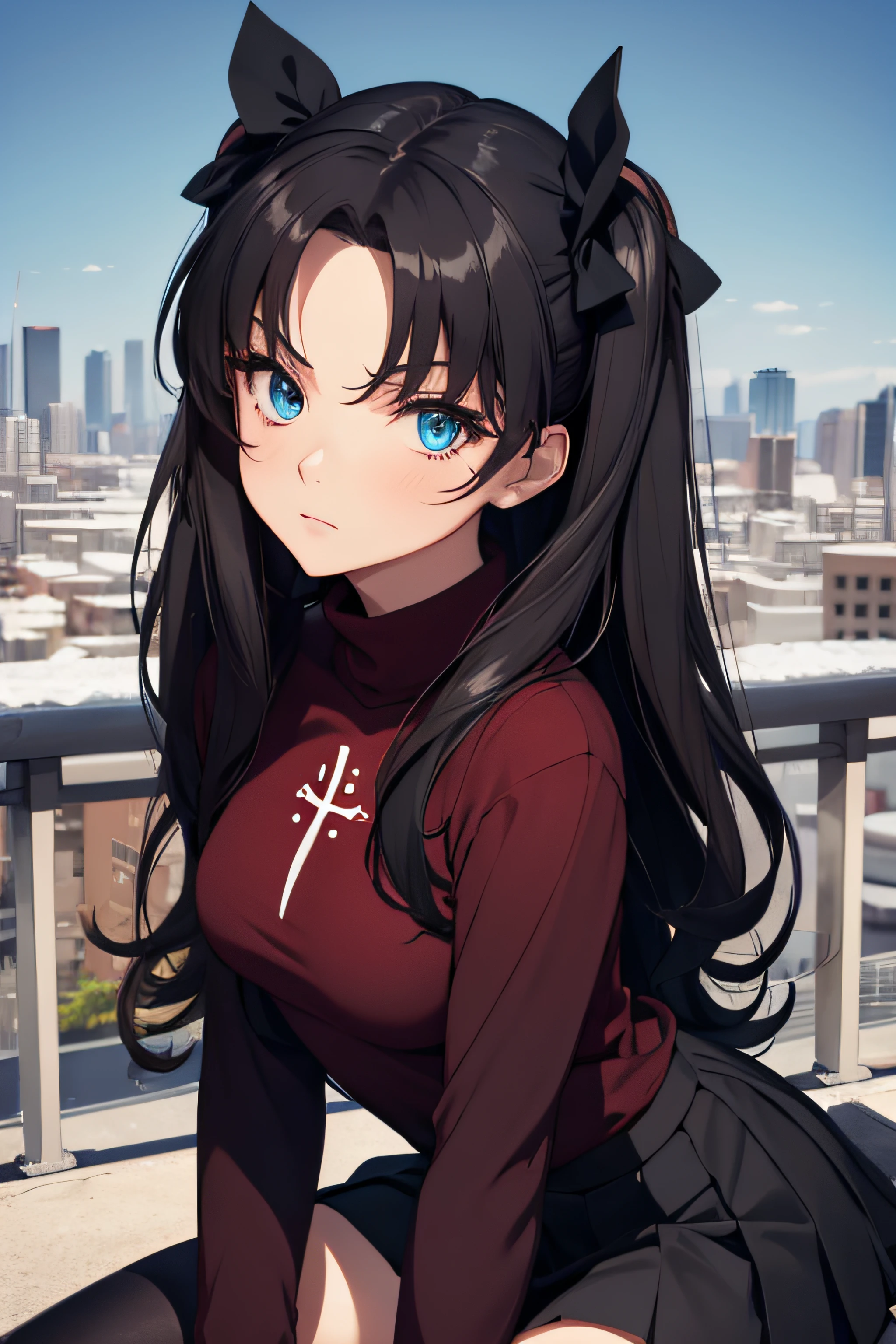 (masterpiece), best quality, expressive eyes, perfect face, 1girl, solo, rintohsaka, rin tohsaka, aqua eyes, black hair, hair ribbon, long hair, ribbon, sidelocks, two side up, black skirt, black thighhighs, long sleeves, miniskirt, pleated skirt, ((red sweater)), skirt, sweater, thighhighs, turtleneck, city background, sitting, character sheet, upper body, portrait, looking at viewer