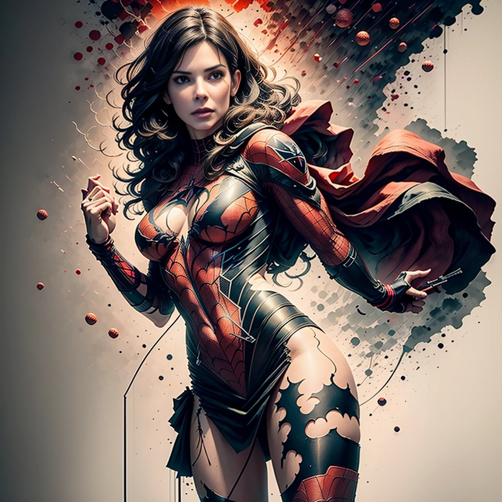 Jennifer garner、Sticking out the navel、newyork、She wears a torn Spider-Man suit,wearing skirt、 Red and black color scheme,Dynamic、masterpiece、top-quality、ultra-detailliert、ighly detailed、beautiful detailed brilliance、超A high resolution