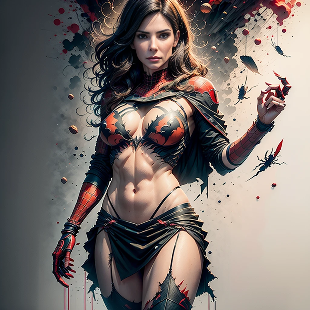 sandra bullock、Sticking out the navel、newyork、She wears a torn Spider-Man suit,wearing skirt、 Red and black color scheme,Dynamic、​masterpiece、top-quality、ultra-detailliert、ighly detailed、beautiful detailed brilliance、超A high resolution