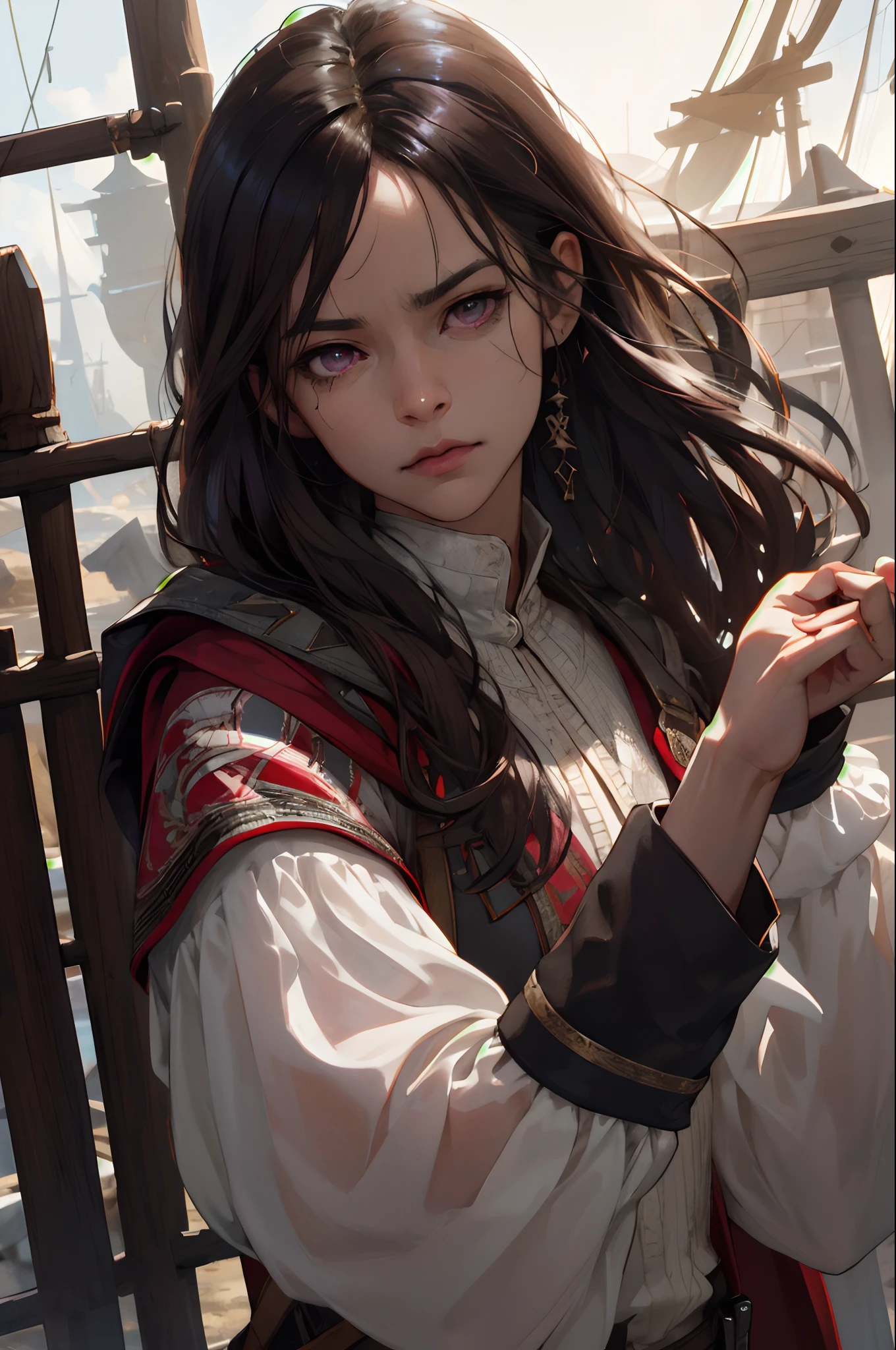 (absurdres, highres, ultra detailed), 1woman, mature female, aged up, wavy long hair, dark brown hair, pink eyes, bangs, long sleeves, finely detailed eyes and detailed face, extremely detailed CG unity 8k wallpaper, intricate details, portrait, (bloody scars:0.7), looking down, solo, upper body, detailed background, determined expression, assassins creed, assassin, hidden wrist-blade, black rugged assassin clothes, hood, capelet, small knives, revolutionary, dynamic pose, caribbean island setting, golden age of piracy, closed gate in background, dust, , portrait, wind swirling