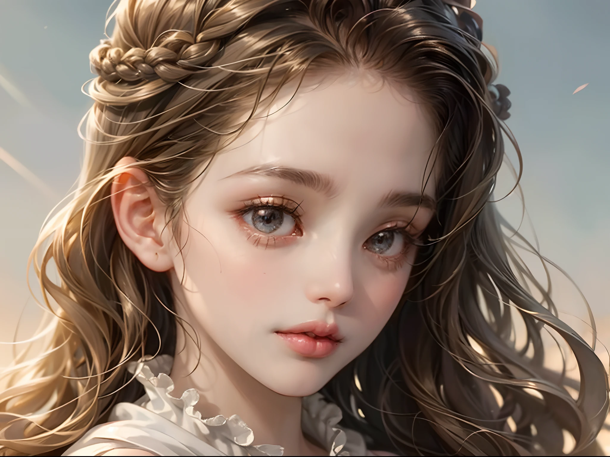 1 ,closeup of face,Chubby little face,Big round eyes,Curly hair,Long hair,Q version avatar,Moe,Cute style,Delicate and exquisite,Head portrait,Close-up of the head,starryskybackground,the soft light