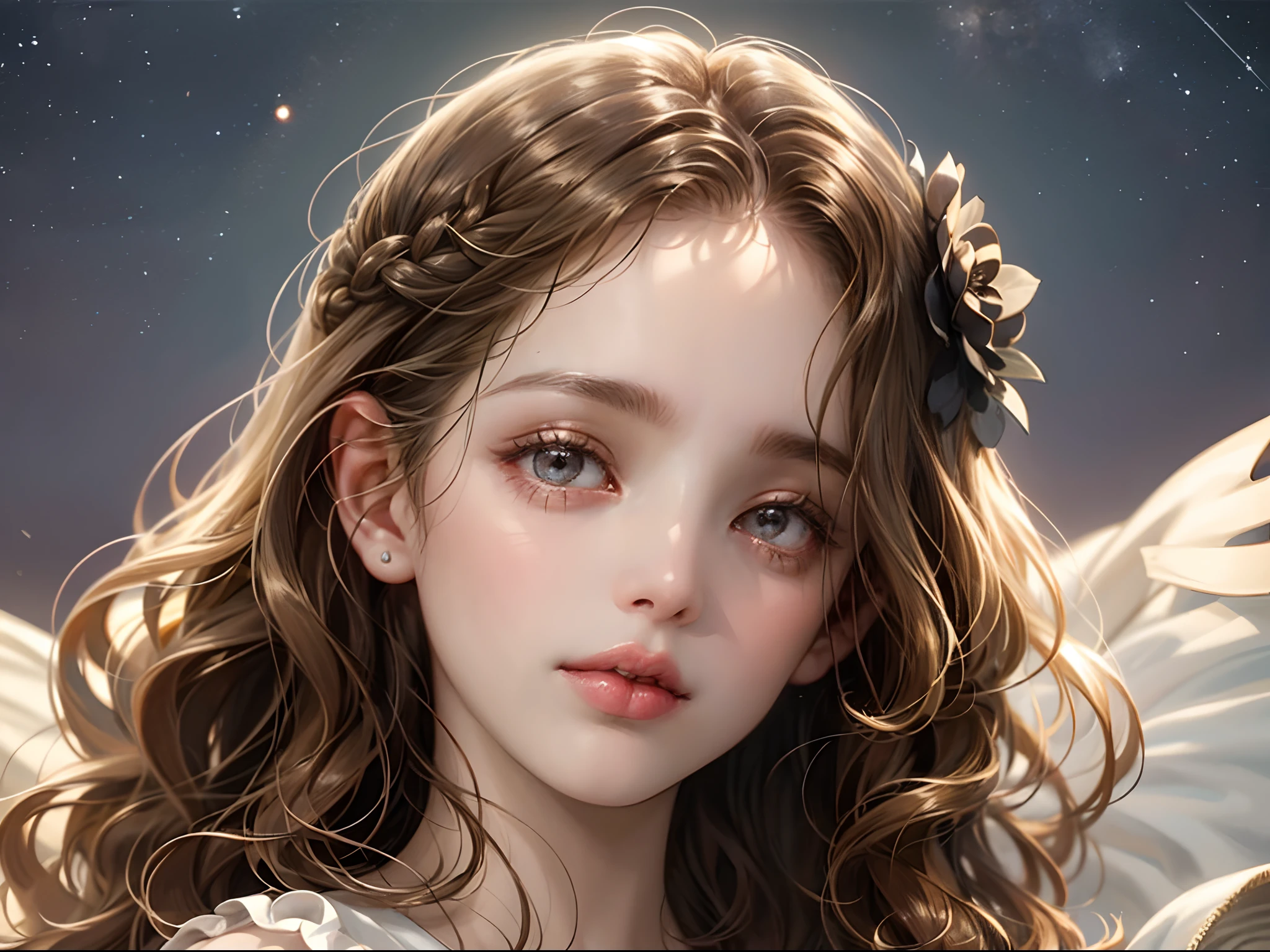 1 year old infant,closeup of face,Chubby little face,Big round eyes,Laugh happily,Curly hair,Long hair,Q version avatar,Moe,Cute style,Delicate and exquisite,Head portrait,Close-up of the head,starryskybackground,the soft light