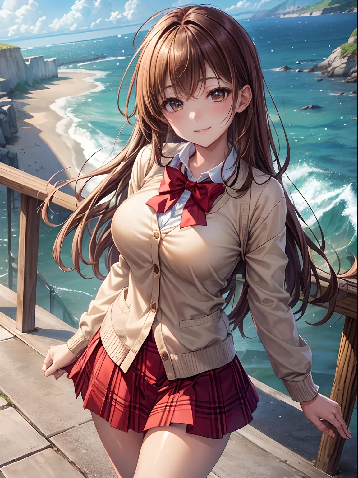 top-quality、Full limbs、complete fingers、Slender beauty、straight haired、brown haired、Beautiful Large Breasts、(Detailed ultra-oily shiny skin:1.1)、oily shiny thighhigh、Shirt with white collar、(Beige cardigan)、Red bow tie、Red plaid miniskirt、Beautiful sister、Mare、Walk along the coastal path、breakwater、A big smile