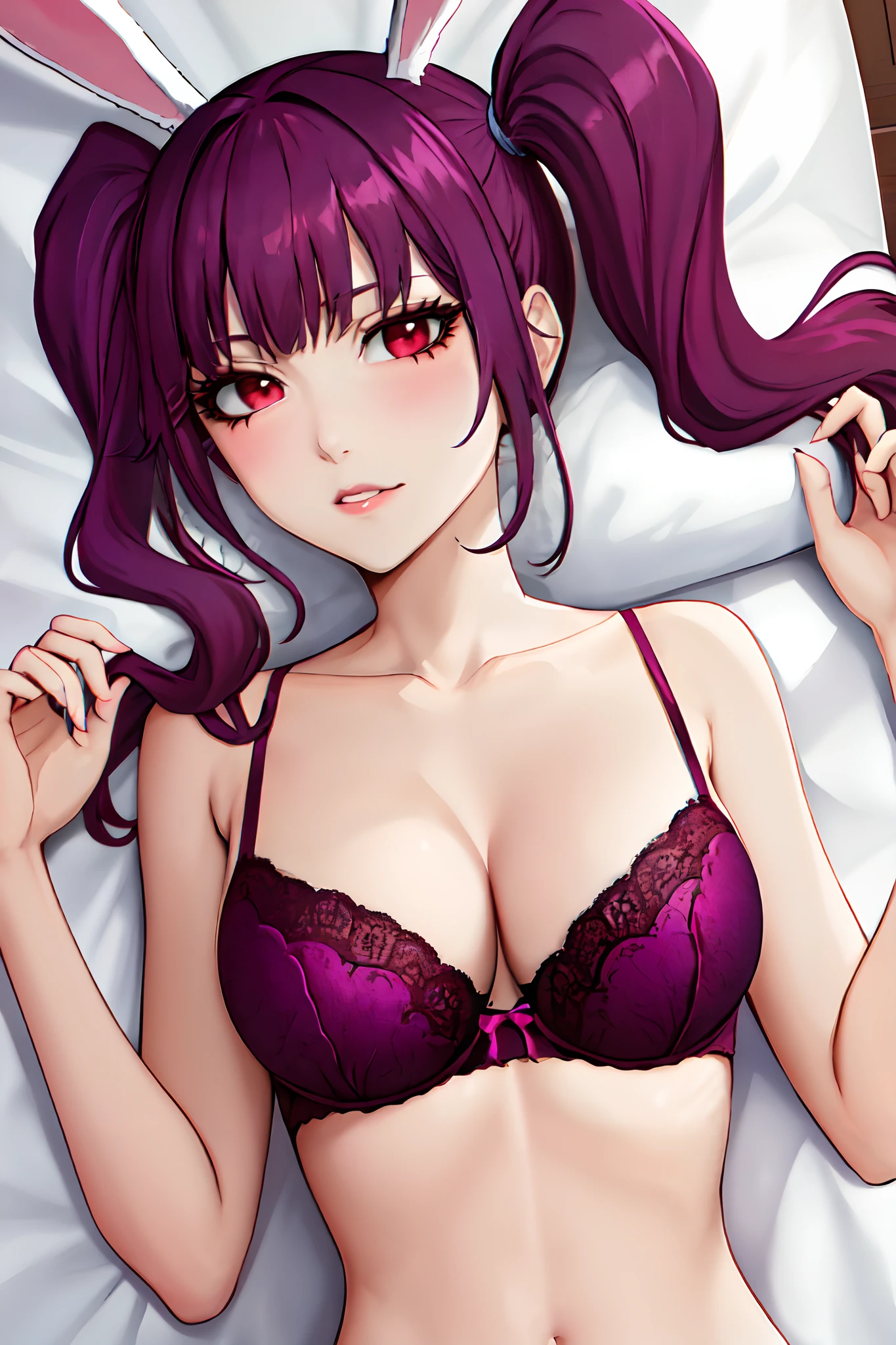 "An exquisite portrait of Riruka in her 20s, showcasing her stunning beauty and confidence. She is depicted in a solo composition, with captivating magenta eyes her hair in a side ponytail being held by a blue ribbon that looks like bunny ears and a striking pink bra and pantie's. She lays on top of a bed, viewed from above."