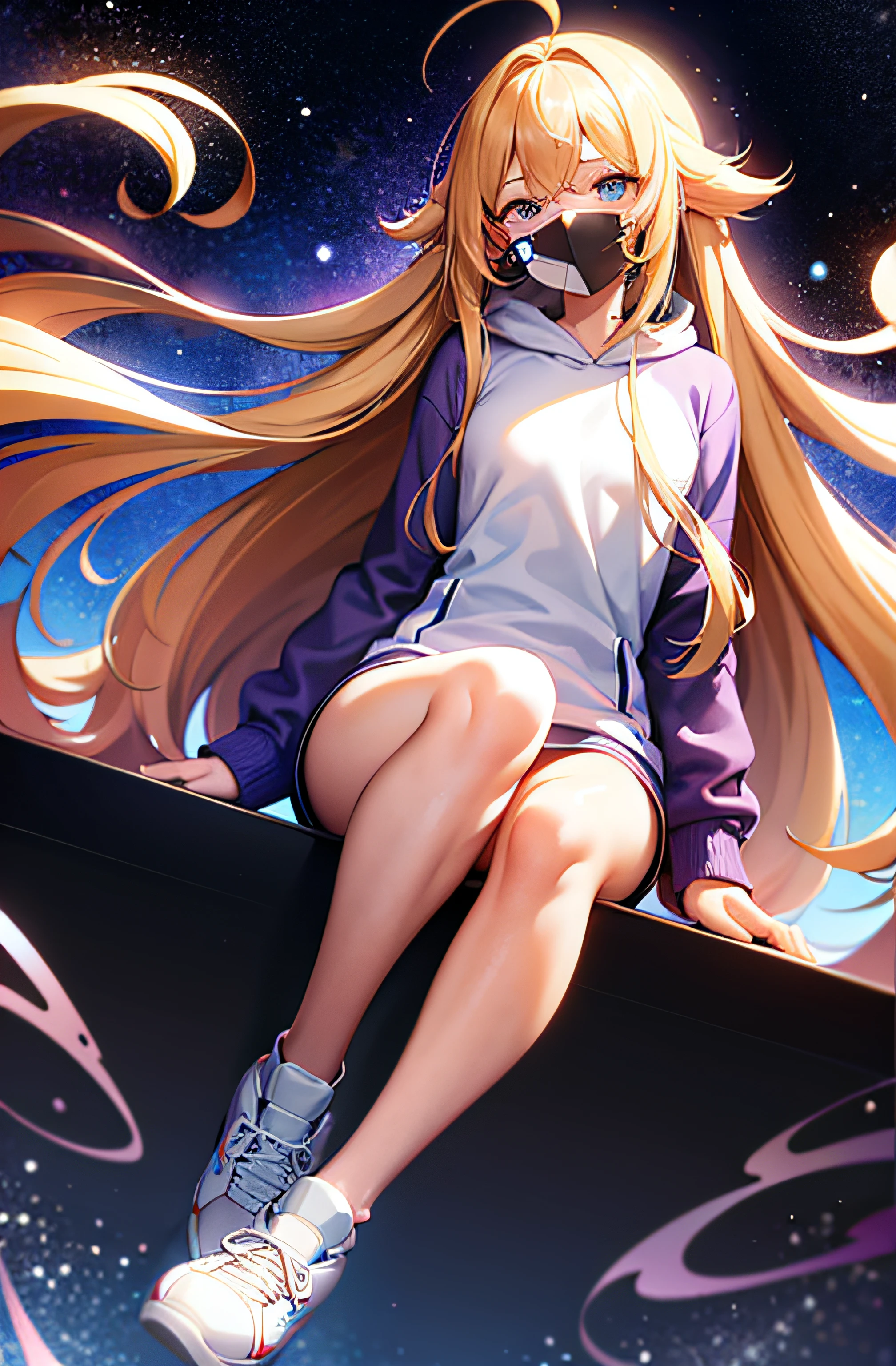 best quality, ultra high res, 1girl, long hair, blue eyes, ahoge, purple hoodie sweatshirt, white pants, floating, celestial goddess, white sneakers with gold laces, flat chest, cute, (cherry blonde hair:1), ((puffy eyes)), looking at viewer, full body, facing front, sfw