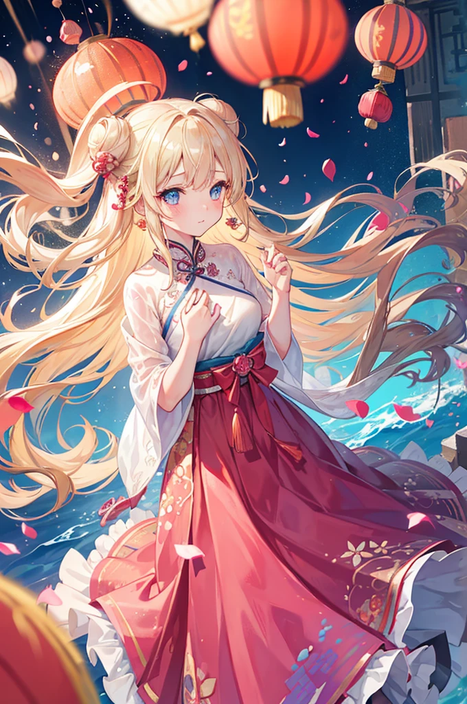 1 girl, wavy hair, long hair, blonde, blue eyes, earrings, blushed, brocade pattern, blurry background, see-through, underwater, water drop, dynamic lighting, light particle, sunlight, shadow, reflection, Chinese lanterns, floating hair, petals, coral, mature face, almond eyes, bun, long skirt, Hanfu